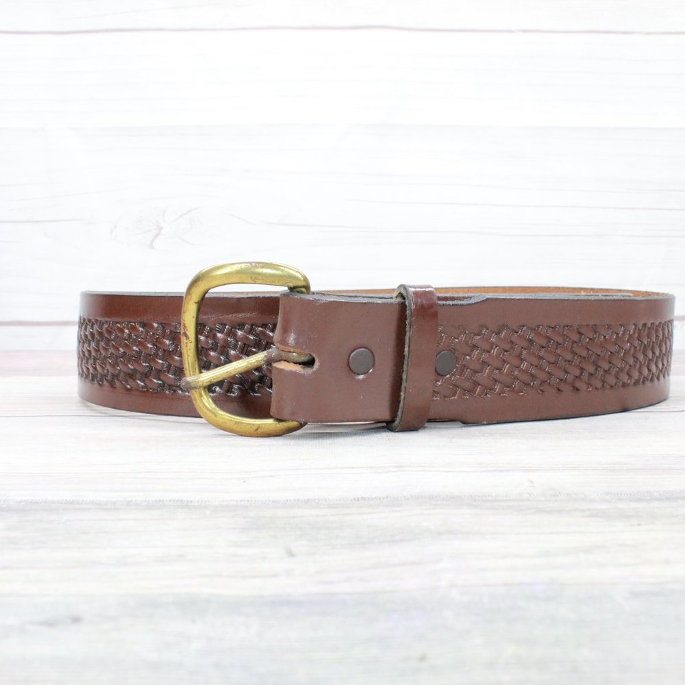 *Mens Brown Braided Design Leather D-Ring Buckle Belt Size 42 Inches - Picture 2 of 8